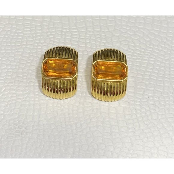 VTG 80'S DAVID GRAU COUTURE AMBER CRYSTAL DECO STYLE CLIP EARRINGS GOLD RIBBED - Picture 7 of 7